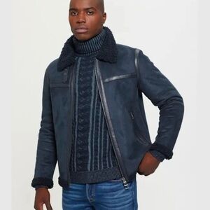 Guess Men's Faux-Shearling Bomber Jacket in blue faux suede S